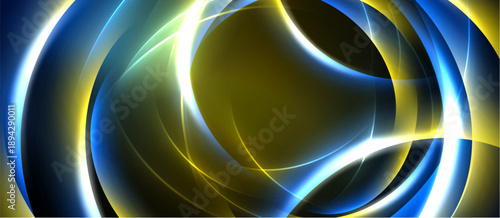 Abstract design features flowing curves, vibrant blues, yellows. Dark background emphasizes luminous shapes, creating dynamic visual effect.