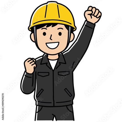 黄色いヘルメットを被った女性作業員が、力強く拳を突き上げてガッツポーズをする姿です。青や黒の作業着がパリッとしており、成功への意欲と、ぐんぐんと成長する未来への希望が感じられるイラストです。