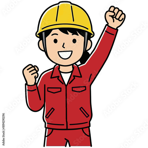 黄色いヘルメットを被った女性作業員が、力強く拳を突き上げてガッツポーズをする姿です。青や黒の作業着がパリッとしており、成功への意欲と、ぐんぐんと成長する未来への希望が感じられるイラストです。