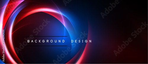 Abstract neon lines create dynamic circular shapes. Red, blue hues dominate dark background. Text reads background design.