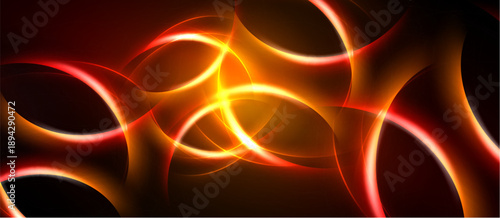 Abstract design features vibrant orange, red curves. Bright center draws eye, dark background enhances luminosity. Dynamic, flowing shapes create energy.