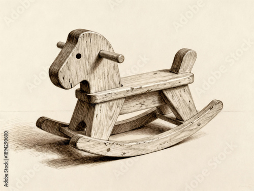 Handcrafted Vintage Wooden Rocking Horse Toy for Children on a Neutral Background - Classic Antique Style Nursery Decor and Traditional Playroom Accessory