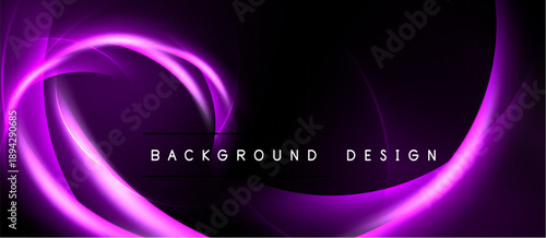Dark background features vibrant purple swirls, creating dynamic abstract design. Text reads background design centered below curves.