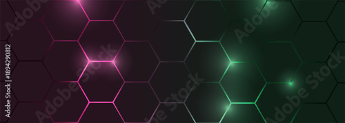 Dark hexagonal abstract technology background with pink and green colored bright flashes under hexagon. Honeycomb gaming vector tech illustration black abstract background.