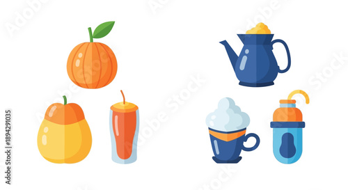 IColorful illustration featuring various fruits drinks and dessert items