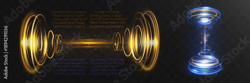 Light futuristic sci-fi portals with glowing energy rings and data beams on transparent background.
