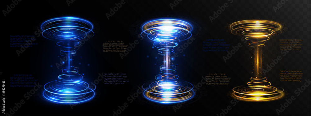 custom made wallpaper toronto digitalLight futuristic sci-fi portals with glowing energy rings and vertical beams on transparent background.