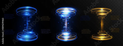 Light futuristic sci-fi portals with glowing energy rings and vertical beams on transparent background.