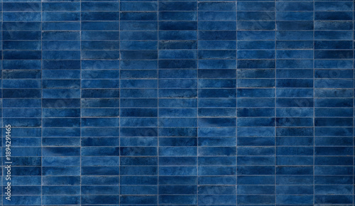 Deep blue ceramic tile texture background with horizontal stacked pattern and glossy glazed surface