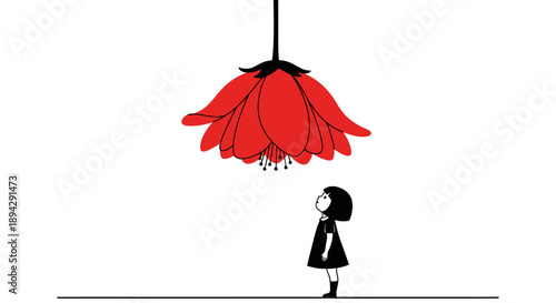 A girl gazes up at a flower shaped lampshade hanging overhead