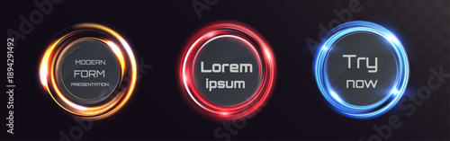 Light futuristic glowing portal rings with neon circles on dark background.