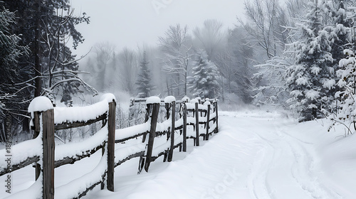 Serene Winter Landscape with Rustic Wooden Fence and Snow-Covered Path in Misty Forest
