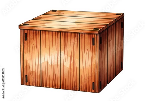 A wooden crate isolated on white background with visible wood grain and metal hinges and handles