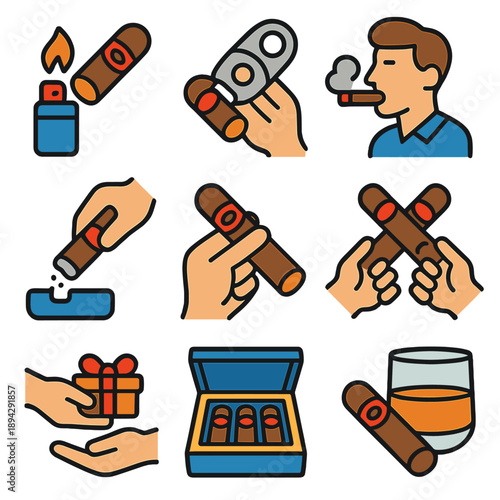 Colorful icons of cigar accessories and smoking habits