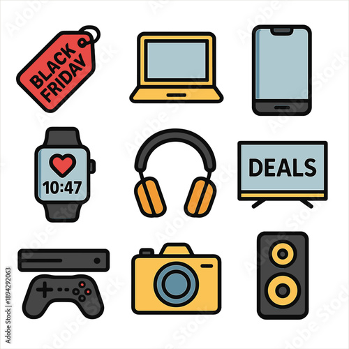 Black friday electronics and deals icons for online shopping promotions