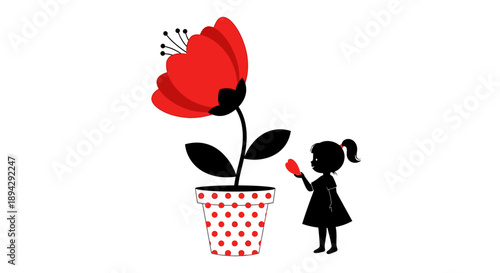 A little girl curiously examines a large red flower in a dotted pot