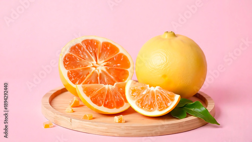Whole and sliced citrus fruit on wooden tray against pink background
