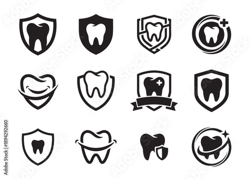 Set of tooth with shield dental care symbols on transparent background flat vector