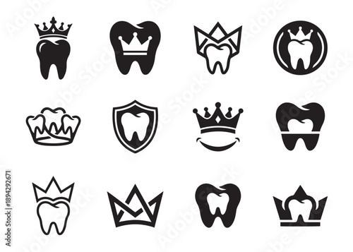 Set of tooth with crown symbols dental care on transparent background flat vector