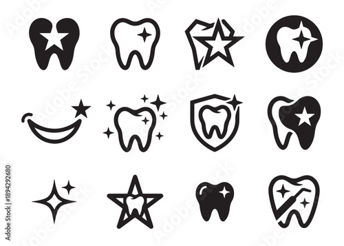 Set of tooth with star symbols dental care on transparent background flat vector