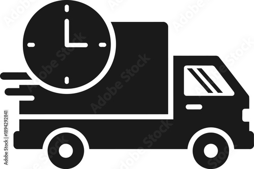 A black and white icon of a delivery truck with a clock on the back