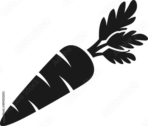 A black silhouette of a carrot with green leafy top on white background