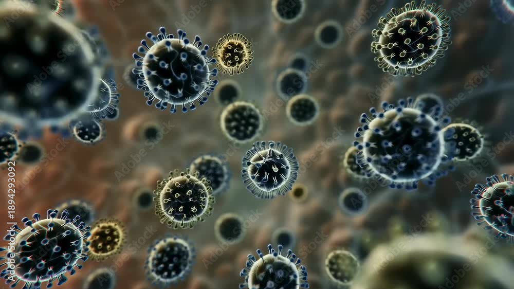 Close-up view of microscopic viruses floating in a biological ...