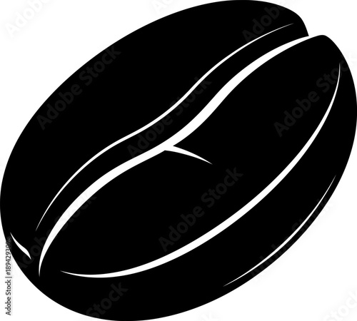 A black coffee bean with a shiny surface and distinctive crease