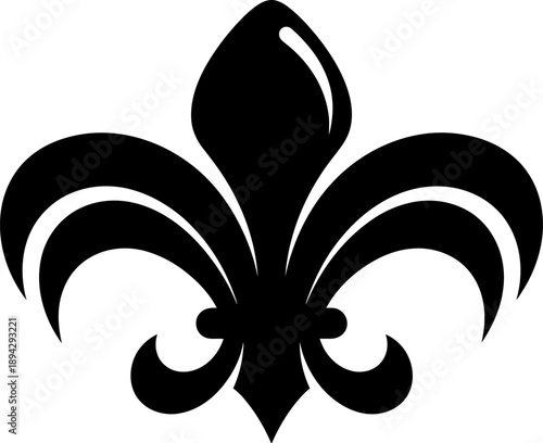 A stylized fleur de lis symbol in black on a white background representing french heritage and nobility with curved petals and a central stem