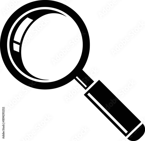 A black and white illustration of a magnifying glass with a handle