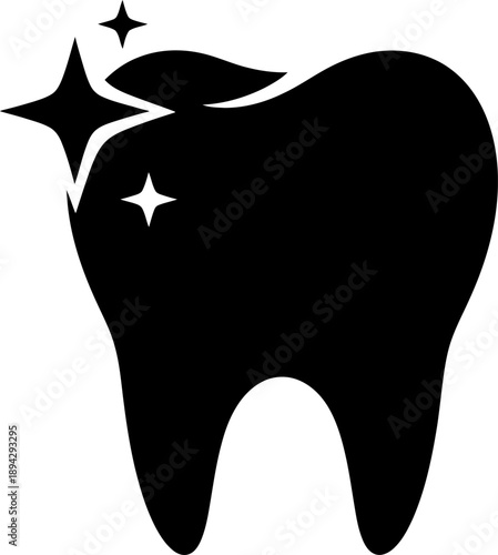 A black silhouette of a tooth with sparkles indicating cleanliness and dental hygiene