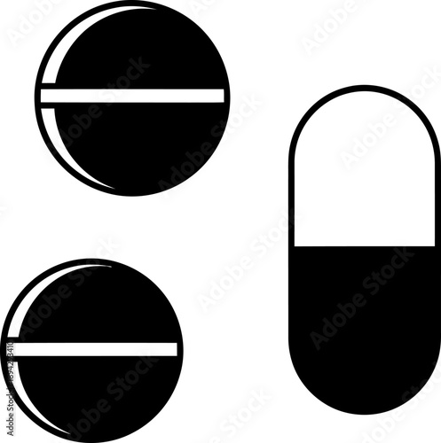 Black and white pills and capsules medical illustration