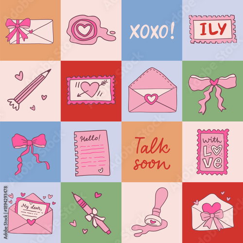 Seamless pattern of lovely postal elements in coquette core style. Elegant hand drawn festive ornament. Perfect for fabric, textile, wallpaper, decor, print, packaging, wrapping paper, stickers.