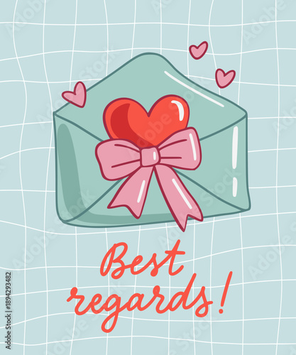 Illustration of romantic envelope and calligraphy text in cartoon style with hearts, bow. Template of greeting card for Valentine's Day or wedding invitation. Elegance vintage lettering print poster.