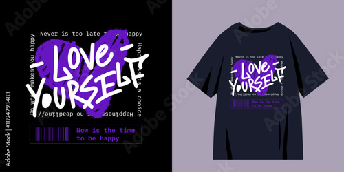 Y2k urban style grunge drawing with slogan text. Graffiti tagging of Love yourself. Vector illustration design for fashion graphics, t shirt prints. Nostalgia for 1980s and 1990s - Vector artwork