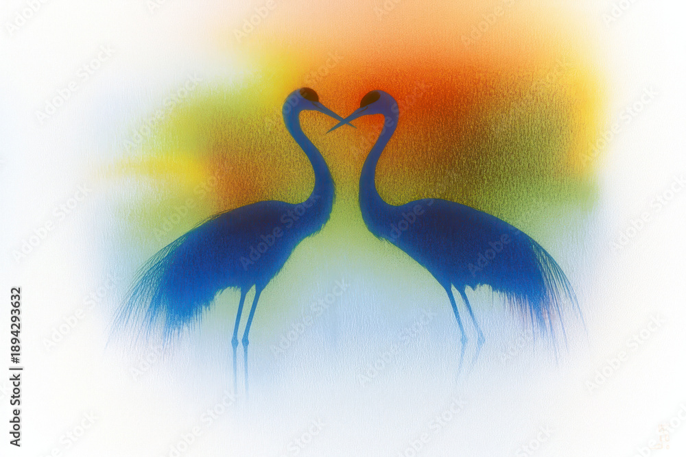Fototapeta premium PNG Impression two Cranes silhouette illustration background vibrant.
