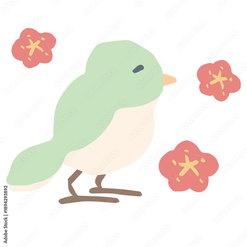 Obraz premium 2月の園だよりに使いやすい シンプル手描きイラストカットシリーズ｜鶯 February Nursery Illustration Series – Japanese Bush Warbler