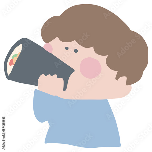 2月の園だよりに使いやすい シンプル手描きイラストカットシリーズ｜恵方巻を食べる姿
February Nursery Illustration Series – Eating Ehomaki