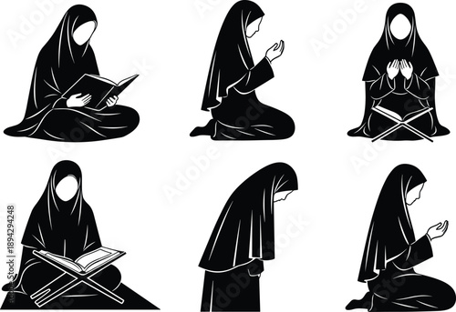 Muslim,woman,praying,reading,quran,islamic,worship,faith,spiritual,prayer,hijab,religion,education,devotion,vector,silhouette,illustration,black,white,design