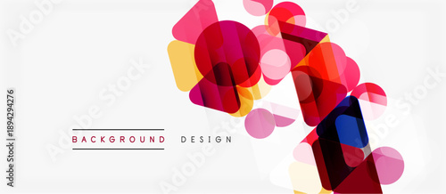 Abstract geometric shapes overlap, creating vibrant color blends. Red, yellow, pink dominate white space. Modern design element.