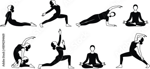 Yoga,poses,silhouette,woman,exercise,meditation,stretching,fitness,wellness,asana,practice,body,balance,vector,illustration,black,white,isolated,collection,concept