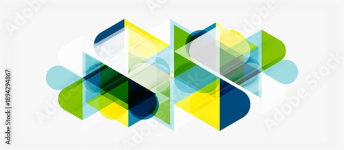 Abstract geometric shapes overlap, creating vibrant composition. Blue, green, yellow hues dominate design. Modern, clean aesthetic.