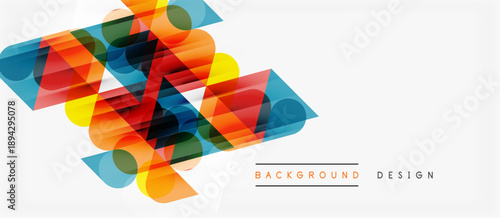 Abstract geometric shapes overlap, creating vibrant color transitions. Modern design elements suggest movement, energy, innovation. Clean white background enhances visual impact.