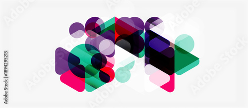 Abstract shapes overlap, creating vibrant color blends. Geometric forms mix with soft curves, forming dynamic composition.