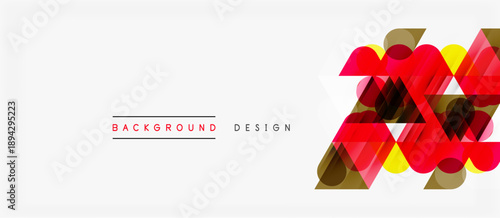 Abstract geometric shapes overlap, creating vibrant design. Red, yellow, translucent elements dominate white space. Minimalist aesthetic.