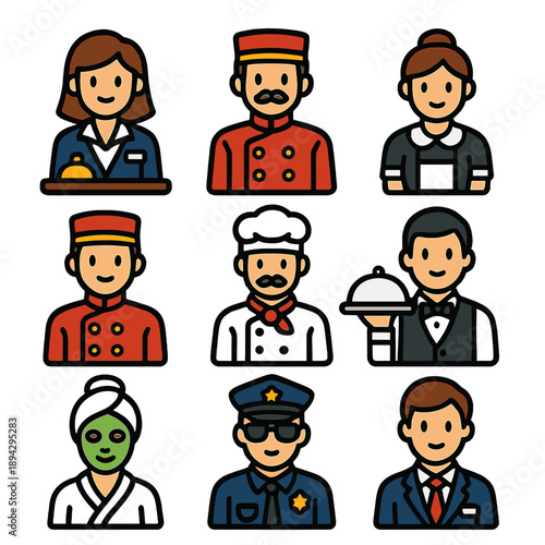 Cartoon icons of hotel staff and occupations in colorful uniforms