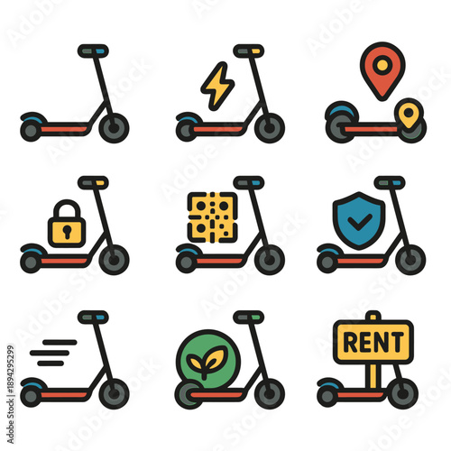 Electric scooter icons set for urban mobility and sharing concepts