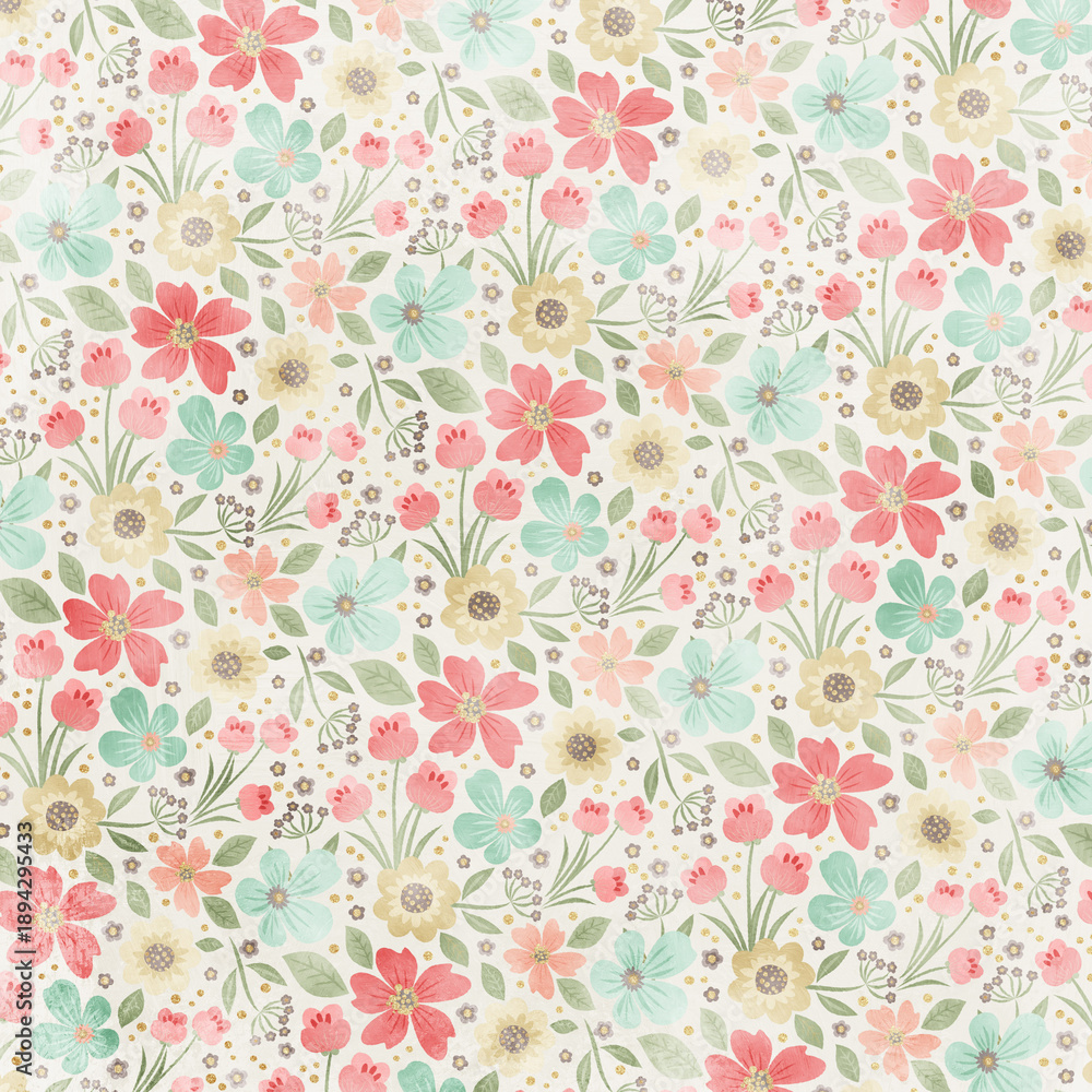 Obraz premium Soft pastel seamless floral pattern with delicate wildflowers and leaves. Light romantic background ideal for fabric prints, stationery, wallpaper, and spring designs.