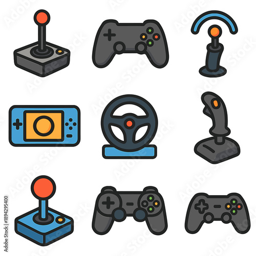 Retro and modern gaming controllers set with colorful icon designs