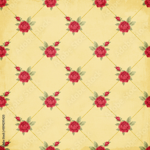 Elegant diamond lattice seamless pattern with red roses and gold lines. Vintage floral design perfect for wallpaper, fabric, luxury decor, and classic interiors.